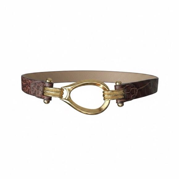 Brown Croc Embossed Leather Belt Gold Buckle Boho Safari Adjustable Size S-L main image 5